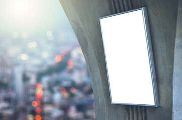 Wall Mural - large blank advertise billboard white led screen vertical on big pole walk way outdoor in city for d