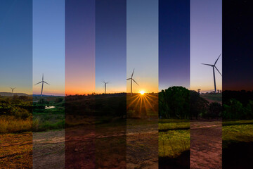 different shade of wind turbines park for make the electric power from wind in sunset time