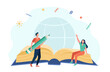 © PCH.Vector - Tiny happy characters in front of giant book. Pencil, globe, worldwide flat vector illustration. Education and study concept for banner, website design or landing web page