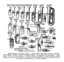 Catalogue  With Various Adolphe Sax  Musical Brass Instruments, Including Saxhorns, Saxophones, And Saxotrombas, 19th Century Engraving With German Descriptions