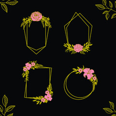 Wall Mural - set of elements wedding, golden frames with elegant flowers , set elegant wedding invitation