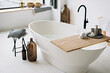 White bathtub fills with foam water in a modern apartment with stylish loft-style interior design, home decor. Spa concept, relaxation. Soft selective focus.