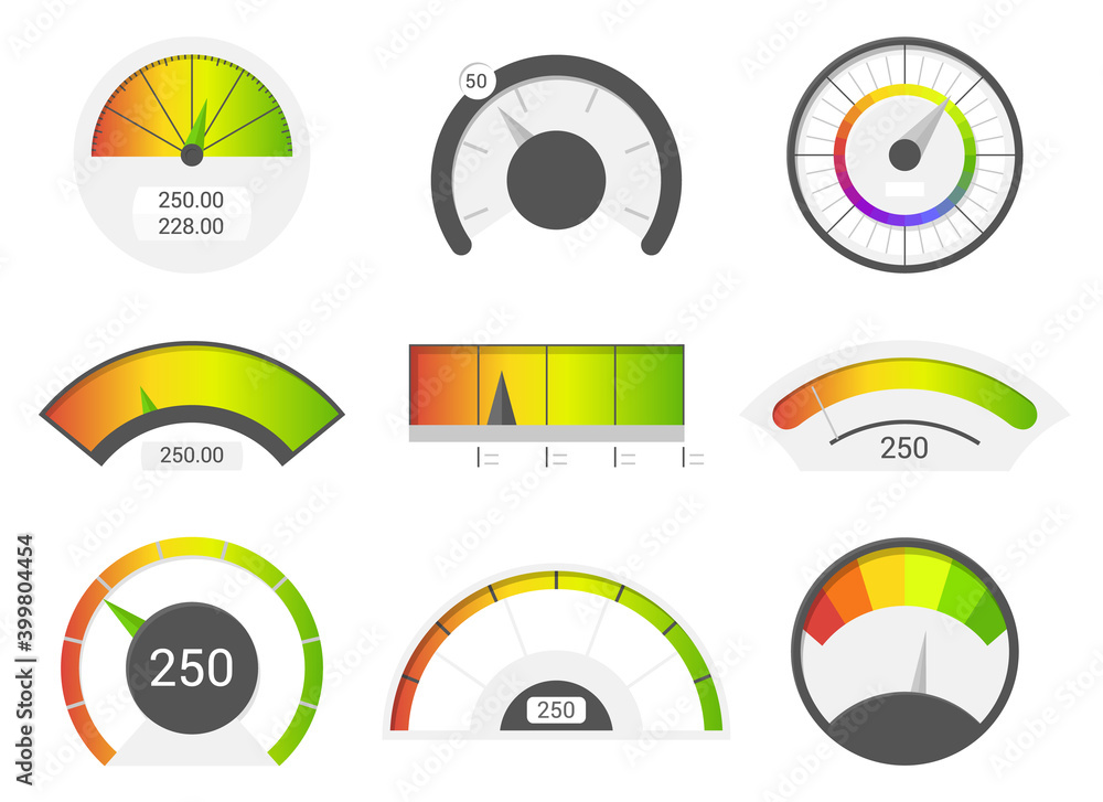 Speedometer icons. Credit score indicators. Speedometer goods gauge ...