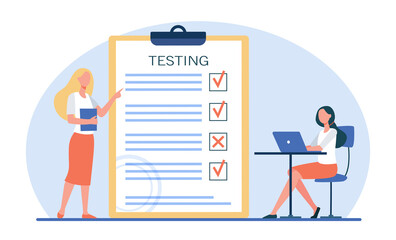 Female student passing exam and checking answers. Teacher, test, laptop flat vector illustration. Education and examination concept for banner, website design or landing web page