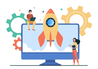 tiny character launching startup rocket. monitor, computer, idea flat vector illustration. business 