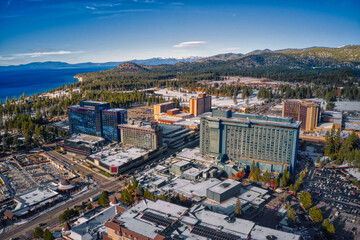 Aerial View of South Lake Tahoe which is on the California Nevada Stateline