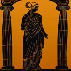 An ancient Greek young woman in a tunic and cape stands between two columns looks away and gestures.