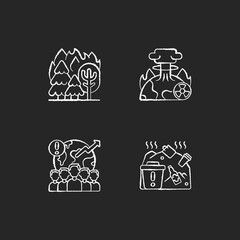 Wall Mural - Global warming chalk white icons set on black background. Forest fires that kill lots of animals. Huge people amount increasing process. Lot of human trash. Isolated vector chalkboard illustrations