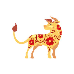 Canvas Print - Chinese new year 2021 bull with red flowers vector design