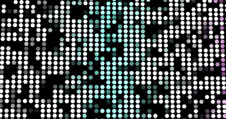 Abstract background concept for data network and analysis. Grid of glowing bright point and geometric pattern moving on dark background. Technology data visualization transfer. Connection and network