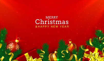 Wall Mural - Merry Christmas Happy New Year tree with toys, card banner. Vector