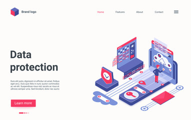 Creative concept landing page, website design with cartoon 3d protecting datacenter software, tech service for internet cyber safety database. Isometric data protection technology vector illustration