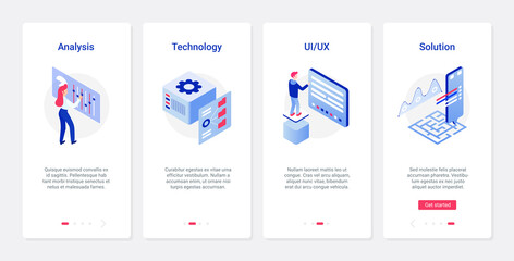 Poster - Data analysis smart solutions vector illustration. UX, UI onboarding mobile app page screen set with line service report, analyzing technology for business process, account database optimization