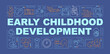© IMG visuals icons - Early childhood development word concepts banner. Child behaviors and physical skills. Infographics with linear icons on blue background. Isolated typography. Vector outline RGB color illustration