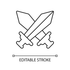 Sticker - Videogame battle linear icon. Competitive game, PVP mode thin line customizable illustration. Contour symbol. Electronic entertainment. Crossed swords vector isolated outline drawing. Editable stroke