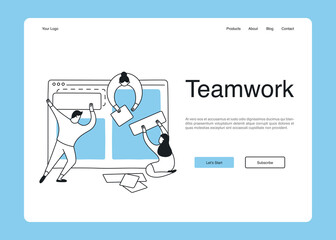 Web UI element for a design agency homepage, prototyping process, creation of the website interface. A team of designers and developers construct an interface from blocks. Flat clean line vector