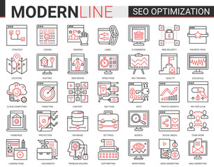 Wall Mural - Seo optimization technology complex vector line icons set. Tech analytics website symbols for internet optimizing business marketing in social media, support of digital app design and web development.