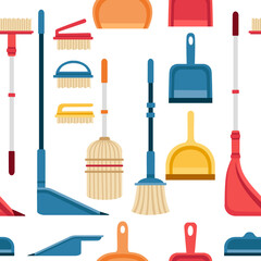 Seamless pattern scoop and brush for sweeping equipment for housework set of colored cleaner tools flat vector illustration on white background