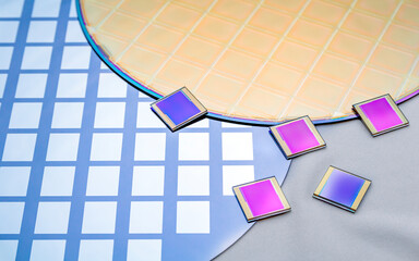 Poster - Several silicon wafers with printed circuit and separate microchips .