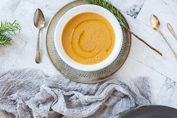 Wall Mural - Butternut Squash Soup Dinner on Marble Background