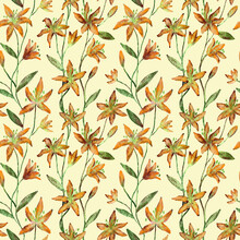 Orange Lily Flowers Pattern On Yellowish Background