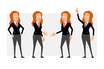 Wall Mural - Cartoon flat funny redhead business woman character in black suit with red tie. Girl posing, showing peace sign and shaking hands. Ready for animation. Isolated on gray background. Vector set.