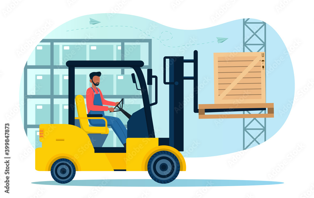 Load Handler Cartoon Male character loading goods with forklift. Worker is moving box in a ...