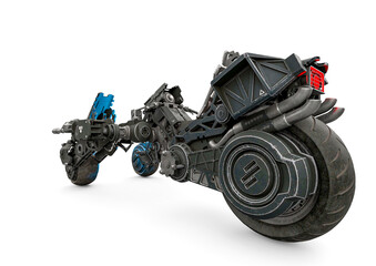 three wheel war machine on white background side rear view