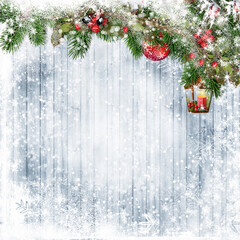 Wall Mural - Merry Christmas. Holiday background with holly and magic lamp on snow boards