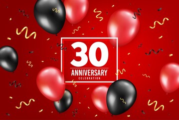 Wall Mural - 30 years anniversary. Anniversary birthday balloon confetti background. Thirty years celebrating icon. Celebrate red banner. Birthday party balloon background. Age in a frame box. Vector