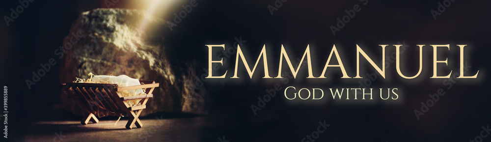 Nativity scene. Christian Christmas concept. Birth of Jesus Christ. Wooden manger in cave background. Banner, copy space. Jesus is reason for season. Salvation, Messiah, Emmanuel, God with us. Hope