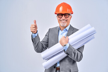 Positive professional designer in helmet holding blueprints