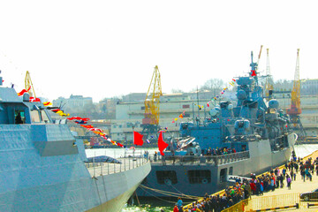 closeup military warship , port harbor