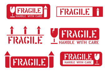 Wall Mural - Fragile, this way up, handle with care box sign. Set of rubber stamps or stickers for cargo and logistics. Vector illustration with arrow and glass