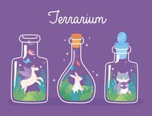 Jar Terrarium Cute Rabbit Unicorn And Cat With Blooming Plants Inside