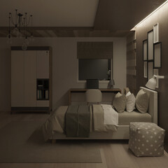 Wall Mural - Modern nursery interior. Night. Evening lighting. 3D rendering.