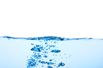 Light blue water wave with air bubbles and a little bit splashed underwater, studio shot isolated on white background. The abstract clean surface on liquid