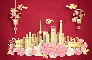 Wall Mural - shanghai, china with world famous landmarks and beautiful chinese lantern in paper cut style vector 