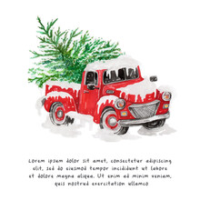 Christmas Celebration With Truck And Christmas Tree, Watercolor Vector Illustration. 