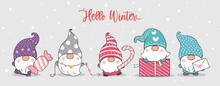 Draw Banner Cute Gnomes In Snow For Winter.