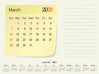 March 2021 Calendar Paper Note Design