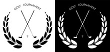 Symbol, Emblem Of Golf Club With Laurel Wreath For Competition. Golfer Sports Equipment. Active Lifestyle. Vector