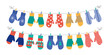 Different mittens hanging on the rope, set, vector illustration. 