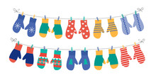 Different Mittens Hanging On The Rope, Set, Vector Illustration. 