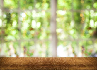 Wall Mural - wood table top counter for display product on blur green