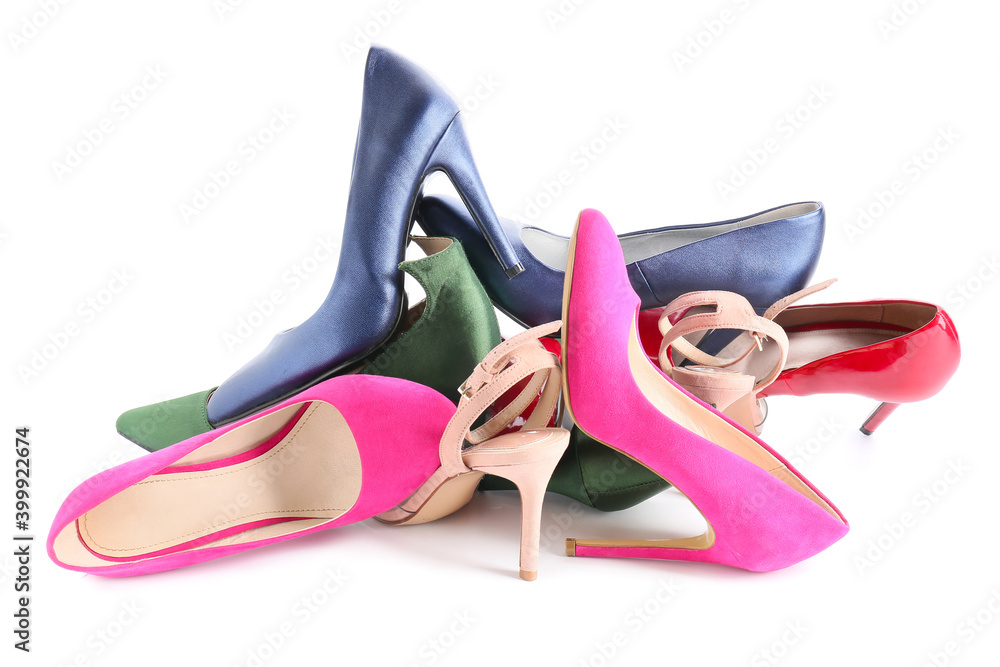 Stylish female shoes on white background