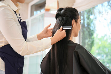 Canvas Print - Female hairdresser working with client in salon