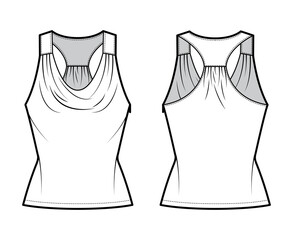 Poster - Tank racerback cowl top technical fashion illustration with ruching, fitted body, tunic length. Flat apparel outwear shirt template front, back, white color. Women, men unisex CAD mockup