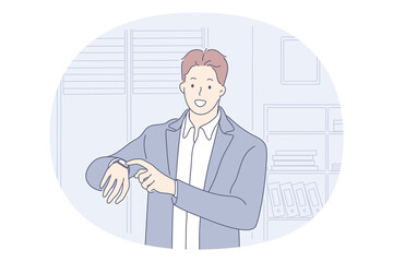 Time management, wristwatch, being on time concept. Young smiling businessman office worker standing and pointing on watch on hand meaning punctuality and deadline finish on work vector illustration 