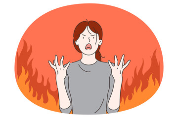 Wall Mural - Anger, evil, furious woman concept. Young angry furious female cartoon character standing with fingers out and expressing rage and anger over burning fire at background vector illustration 